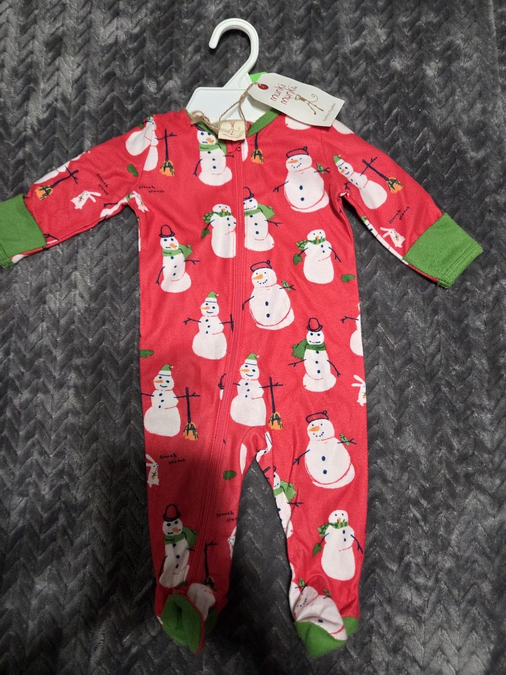 munki munki Red Snowman Print Footed One-Piece with Green Trim